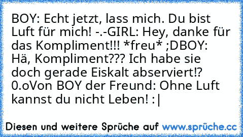 BOY: Echt jetzt, lass mich. Du bist Luft für mich! -.-
GIRL: Hey, danke für das Kompliment!!! *freu* ;D
BOY: Hä, Kompliment??? Ich habe sie doch gerade Eiskalt abserviert!? 0.o
Von BOY der Freund: Ohne Luft kannst du nicht Leben! :|