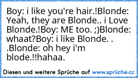 Boy: i like you're hair.!
Blonde: Yeah, they are Blonde.. i Love Blonde.!
Boy: ME too. ;)
Blonde: whaat?
Boy: i like Blonde. . .
Blonde: oh hey i'm blode.!!
hahaa.