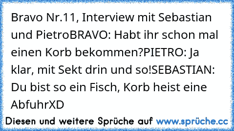 Bravo Nr.11, Interview mit Sebastian und Pietro
BRAVO: Habt ihr schon mal einen Korb bekommen?
PIETRO: Ja klar, mit Sekt drin und so!
SEBASTIAN: Du bist so ein Fisch, Korb heist eine Abfuhr
XD