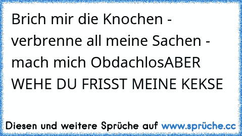 Brich mir die Knochen - verbrenne all meine Sachen - mach mich Obdachlos
ABER WEHE DU FRISST MEINE KEKSE ♥