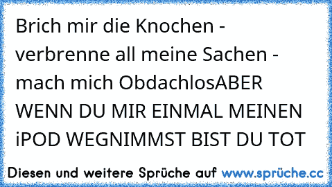 Brich mir die Knochen - verbrenne all meine Sachen - mach mich Obdachlos
ABER WENN DU MIR EINMAL MEINEN iPOD WEGNIMMST BIST DU TOT