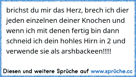 brichst du mir das Herz, brech ich dier jeden einzelnen deiner Knochen und wenn ich mit denen fertig bin dann schneid ich dein hohles Hirn in 2 und verwende sie als arshbackeen
!!!!!