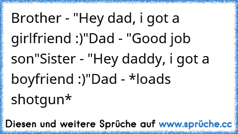 Brother - "Hey dad, i got a girlfriend :)"
Dad - "Good job son"
Sister - "Hey daddy, i got a boyfriend :)"
Dad - *loads shotgun*
