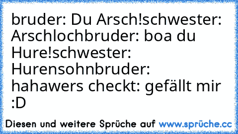 bruder: Du Arsch!
schwester: Arschloch
bruder: boa du Hure!
schwester: Hurensohn
bruder: haha
wer´s checkt: gefällt mir :D