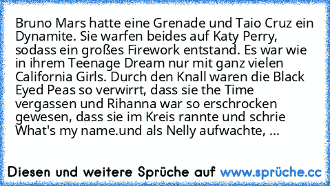 Bruno Mars hatte eine Grenade und Taio Cruz ein Dynamite. Sie warfen beides auf Katy Perry, sodass ein großes Firework entstand. Es war wie in ihrem Teenage Dream nur mit ganz vielen California Girls. Durch den Knall waren die Black Eyed Peas so verwirrt, dass sie the Time vergassen und Rihanna war so erschrocken gewesen, dass sie im Kreis rannte und schrie What's my name.und als Nelly aufwacht...