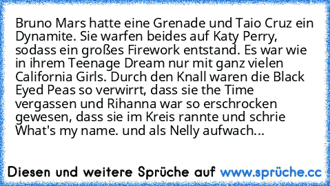 Bruno Mars hatte eine Grenade und Taio Cruz ein Dynamite. Sie warfen beides auf Katy Perry, sodass ein großes Firework entstand. Es war wie in ihrem Teenage Dream nur mit ganz vielen California Girls. Durch﻿ den Knall waren die Black Eyed Peas so﻿ verwirrt, dass sie the Time vergassen und Rihanna war so erschrocken gewesen, dass sie im Kreis rannte und schrie﻿ What's my name. und als Nelly aufwach...