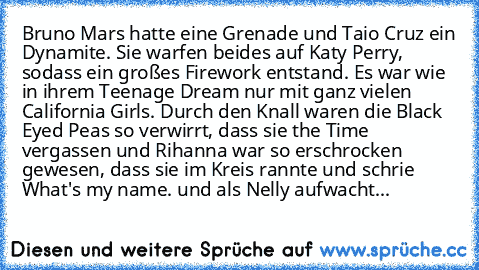 Bruno Mars hatte eine Grenade und Taio Cruz ein Dynamite. Sie﻿ warfen beides auf Katy Perry, sodass ein großes Firework entstand. Es war wie in ihrem Teenage Dream﻿ nur mit ganz vielen California Girls. Durch den Knall waren die Black Eyed Peas so verwirrt, dass sie the Time vergassen und Rihanna war so erschrocken gewesen, dass sie im Kreis rannte und schrie What's my name. und als Nelly aufwacht...