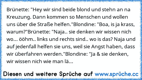 Brünette: "Hey wir sind beide blond und stehn an na Kreuzung. Dann kommen so Menschen und wollen uns über die Straße helfen."
Blondine: "Boa, is ja krass, warum?"
Brünette: "Naja.. sie denken wir wissen nich wo... ööhm.. links und rechts sind.. wo is das? Naja und auf jedenfall helfen sie uns, weil sie Angst haben, dass wir überfahren werden."
Blondine: "Ja & sie denken, wir wissen nich wie man...