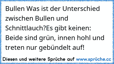 Bullen
 	Was ist der Unterschied zwischen Bullen und Schnittlauch?
Es gibt keinen: Beide sind grün, innen hohl und treten nur gebündelt auf!