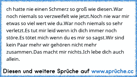 ch hatte nie einen Schmerz so groß wie diesen.
War noch niemals so verzweifelt wie jetzt.
Noch nie war mir etwas so viel wert wie du.
War noch niemals so sehr verletzt.
Es tut mir leid wenn ich dich immer noch störe.
Es tötet mich wenn du es mir so sagst.
Wir sind kein Paar mehr wir gehören nicht mehr zusammen.
Das macht mir nichts.
Ich lebe dich auch allein.