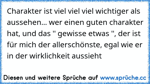 Charakter ist viel viel viel wichtiger als aussehen... wer einen guten charakter hat, und das '' gewisse etwas '', der ist für mich der allerschönste, egal wie er in der wirklichkeit aussieht