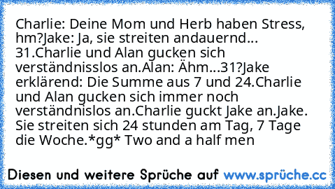 Charlie: Deine Mom und Herb haben Stress, hm?
Jake: Ja, sie streiten andauernd... 31.
Charlie und Alan gucken sich verständnisslos an.
Alan: Ähm...31?
Jake erklärend: Die Summe aus 7 und 24.
Charlie und Alan gucken sich immer noch verständnislos an.
Charlie guckt Jake an.
Jake. Sie streiten sich 24 stunden am Tag, 7 Tage die Woche.
*gg* Two and a half men ♥