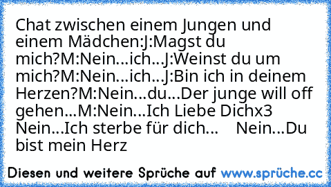 Chat zwischen einem Jungen und einem Mädchen:
J:Magst du mich?
M:Nein...ich...
J:Weinst du um mich?
M:Nein...ich...
J:Bin ich in deinem Herzen?
M:Nein...du...
Der junge will off gehen...
M:Nein...Ich Liebe Dichx3
    Nein...Ich sterbe für dich...
    Nein...Du bist mein Herz♥