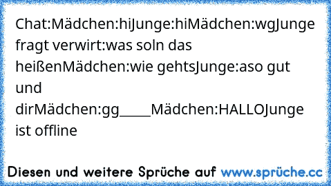 Chat:
Mädchen:hi
Junge:hi
Mädchen:wg
Junge fragt verwirt:was soln das heißen
Mädchen:wie gehts
Junge:aso gut und dir
Mädchen:gg
_
_
_
_
_
Mädchen:HALLO
Junge ist offline