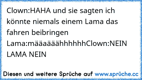 Clown:HAHA und sie sagten ich könnte niemals einem Lama das fahren beibringen 
Lama:määaääähhhhhh
Clown:NEIN LAMA NEIN