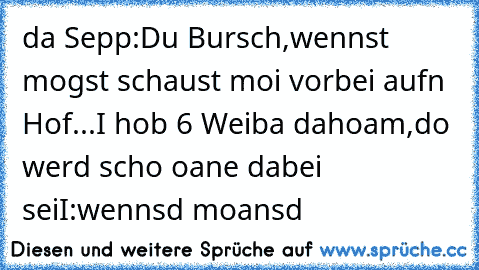 da Sepp:
Du Bursch,wennst mogst schaust moi vorbei aufn Hof...I hob 6 Weiba dahoam,do werd scho oane dabei sei
I:wennsd moansd