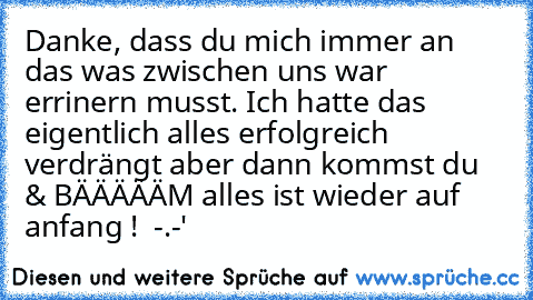 Danke, dass du mich immer an das was zwischen uns war errinern musst. Ich hatte das eigentlich alles erfolgreich verdrängt aber dann kommst du & BÄÄÄÄÄM alles ist wieder auf anfang ! ♥ -.-'