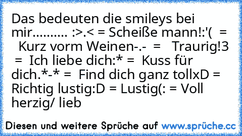 Das bedeuten die smileys bei mir.......... :
>.< = Scheiße mann!
:'(  =   Kurz vorm Weinen
-.-  =   Traurig!
♥3  =  Ich liebe dich
:* =  Kuss für dich.
*-* =  Find dich ganz toll
xD = Richtig lustig
:D = Lustig
(: = Voll herzig/ lieb