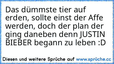 Das dümmste tier auf erden, sollte einst der Affe werden, doch der plan der ging daneben denn JUSTIN BIEBER begann zu leben :D