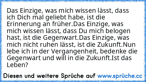 Das Einzige, was mich wissen lässt, dass ich Dich mal geliebt habe, ist die Erinnerung an früher.
Das Einzige, was mich wissen lässt, dass Du mich belogen hast, ist die Gegenwart.
Das Einzige, was mich nicht ruhen lässt, ist die Zukunft.
Nun lebe ich in der Vergangenheit, bedenke die Gegenwart und will in die Zukunft.
Ist das Leben?