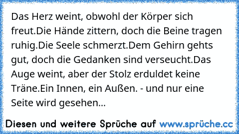 Das Herz weint, obwohl der Körper sich freut.
Die Hände zittern, doch die Beine tragen ruhig.
Die Seele schmerzt.
Dem Gehirn gehts gut, doch die Gedanken sind verseucht.
Das Auge weint, aber der Stolz erduldet keine Träne.
Ein Innen, ein Außen. - und nur eine Seite wird gesehen...