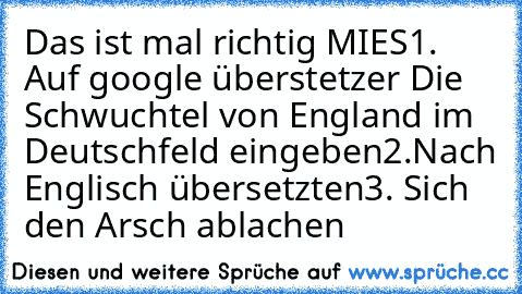 Das ist mal richtig MIES
1. Auf google überstetzer Die Schwuchtel von England im Deutschfeld eingeben
2.Nach Englisch übersetzten
3. Sich den Arsch ablachen