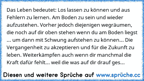 Das Leben bedeutet: Los lassen zu können und aus Fehlern zu lernen. Am Boden zu sein und wieder aufzustehen. Vorher jedoch diejenigen wegräumen, die noch auf dir oben stehen wenn du am Boden liegst ... um dann mit Schwung aufstehen zu können... Die Vergangenheit zu akzeptieren und für die Zukunft zu leben. Weiterkämpfen auch wenn dir manchmal die Kraft dafür fehlt... weil die was auf dir drauf ges...