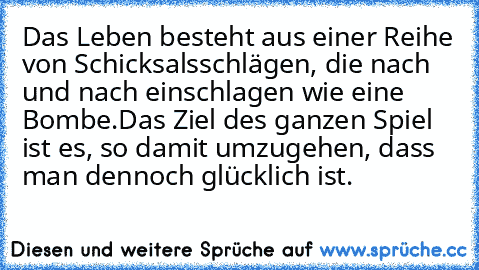 Das Leben besteht aus einer Reihe von Schicksalsschlägen, die nach und nach einschlagen wie eine Bombe.
Das Ziel des ganzen Spiel ist es, so damit umzugehen, dass man dennoch glücklich ist.