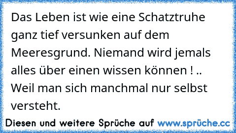 Das Leben ist wie eine Schatztruhe ganz tief versunken auf dem Meeresgrund. Niemand wird jemals alles über einen wissen können ! .. Weil man sich manchmal nur selbst versteht. ♥