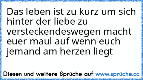 Das leben ist zu kurz um sich hinter der liebe zu verstecken
deswegen macht euer maul auf wenn euch jemand am herzen liegt