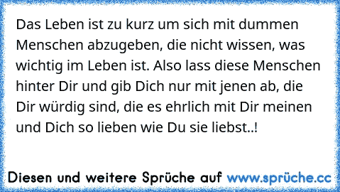 Das Leben ist zu kurz um sich mit dummen Menschen abzugeben, die nicht wissen, was wichtig im Leben ist. Also lass diese Menschen hinter Dir und gib Dich nur mit jenen ab, die Dir würdig sind, die es ehrlich mit Dir meinen und Dich so lieben wie Du sie liebst..!