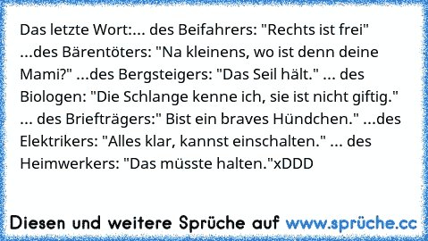 Das letzte Wort:... des Beifahrers: "Rechts ist frei"
 ...des Bärentöters: "Na kleinens, wo ist denn deine Mami?"
 ...des Bergsteigers: "Das Seil hält."
 ... des Biologen: "Die Schlange kenne ich, sie ist nicht giftig."
 ... des Briefträgers:" Bist ein braves Hündchen."
 ...des Elektrikers: "Alles klar, kannst einschalten."
 ... des Heimwerkers: "Das müsste halten."
xDDD