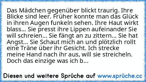 Das Mädchen gegenüber blickt traurig. Ihre Blicke sind leer. Früher konnte man das Glück in ihren Augen funkeln sehen. Ihre Haut wirkt blass... Sie presst ihre Lippen aufeinander… Sie will schreien... Sie fängt an zu zittern... Sie hat Angst... Sie Schaut mich an und plötzlich rollt eine Träne über ihr Gesicht. Ich strecke meine Hand nach ihr aus, will sie streicheln. Doch das einzige was ich b...