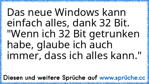 Das neue Windows kann einfach alles, dank 32 Bit. "Wenn ich 32 Bit getrunken habe, glaube ich auch immer, dass ich alles kann."