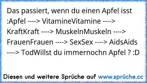 Das passiert, wenn du einen Apfel isst :
Apfel ----> Vitamine
Vitamine ----> Kraft
Kraft ----> Muskeln
Muskeln ----> Frauen
Frauen ----> Sex
Sex ----> Aids
Aids ----> Tod
Willst du immernoch´n Apfel ? :D