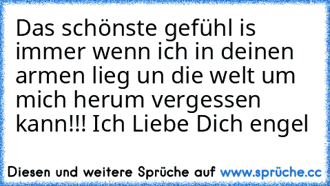 Das schönste gefühl is immer wenn ich in deinen armen lieg un die welt um mich herum vergessen kann!!! Ich Liebe Dich engel ♥♥♥