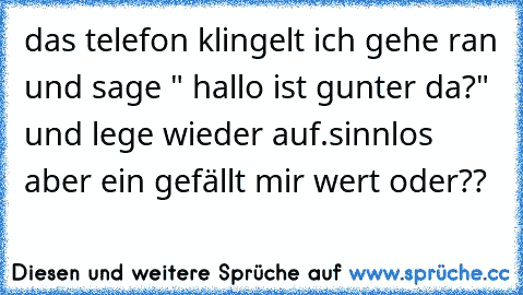 das telefon klingelt ich gehe ran und sage " hallo ist gunter da?" und lege wieder auf.
sinnlos aber ein gefällt mir wert oder??