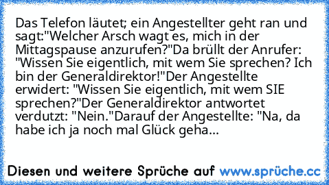 Das Telefon läutet; ein Angestellter geht ran und sagt:
"Welcher Arsch wagt es, mich in der Mittagspause anzurufen?"
Da brüllt der Anrufer: "Wissen Sie eigentlich, mit wem Sie sprechen? Ich bin der Generaldirektor!"
Der Angestellte erwidert: "Wissen Sie eigentlich, mit wem SIE sprechen?"
Der Generaldirektor antwortet verdutzt: "Nein."
Darauf der Angestellte: "Na, da habe ich ja noch mal Glück g...