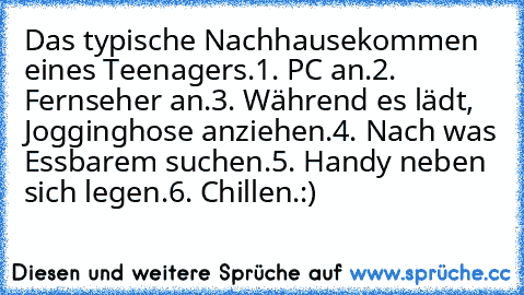 Das typische Nachhausekommen eines Teenagers.
1. PC an.
2. Fernseher an.
3. Während es lädt, Jogginghose anziehen.
4. Nach was Essbarem suchen.
5. Handy neben sich legen.
6. Chillen.:)