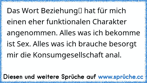 Das Wort „Beziehung“ hat für mich einen eher funktionalen Charakter angenommen. Alles was ich bekomme ist Sex. Alles was ich brauche besorgt mir die Konsumgesellschaft anal.