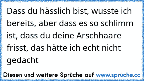 Dass du hässlich bist, wusste ich bereits, aber dass es so schlimm ist, dass du deine Arschhaare frisst, das hätte ich echt nicht gedacht