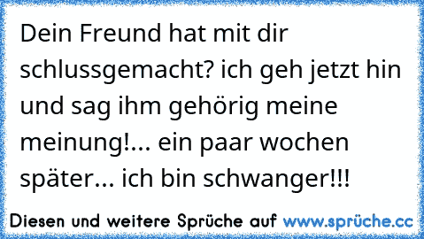 Dein Freund hat mit dir schlussgemacht? ich geh jetzt hin und sag ihm gehörig meine meinung!... ein paar wochen später... ich bin schwanger!!!