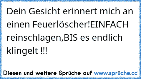 Dein Gesicht erinnert mich an einen Feuerlöscher!
EINFACH reinschlagen,BIS es endlich klingelt !!!