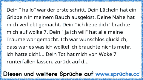 Dein " hallo" war der erste schritt. Dein Lächeln hat ein Gribbeln in meinem Bauch ausgelöst. Deine Nähe hat mich verliebt gemacht. Dein " ich liebe dich" brachte mich auf wolke 7. Dein " ja ich will" hat alle meine Träume war gemacht. Ich war wunschlos glücklich, dass war es was ich wollte! ich brauchte nichts mehr, ich hatte dich!... Dein Tot hat mich von Woke 7 runterfallen lassen. zurück au...