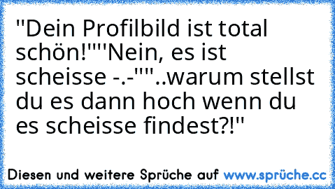 ''Dein Profilbild ist total schön!''
''Nein, es ist scheisse -.-''
''..warum stellst du es dann hoch wenn du es scheisse findest?!''