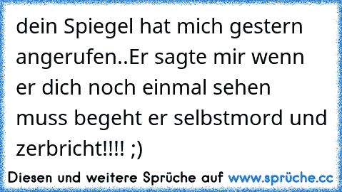 dein Spiegel hat mich gestern angerufen..Er sagte mir wenn er dich noch einmal sehen muss begeht er selbstmord und zerbricht!!!! ;)