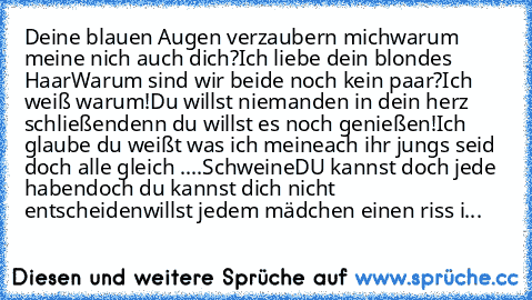 Deine blauen Augen verzaubern mich
warum meine nich auch dich?
Ich liebe dein blondes Haar
Warum sind wir beide noch kein paar?
Ich weiß warum!
Du willst niemanden in dein herz schließen
denn du willst es noch genießen!
Ich glaube du weißt was ich meine
ach ihr jungs seid doch alle gleich ....Schweine
DU kannst doch jede haben
doch du kannst dich nicht entscheiden
willst jedem mädchen einen riss i...