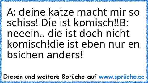 A: deine katze macht mir so schiss! Die ist komisch!!
B: neeein.. die ist doch nicht komisch!
die ist eben nur en bsichen anders!