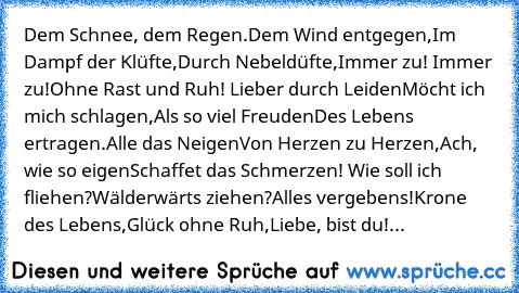 Dem Schnee, dem Regen.
Dem Wind entgegen,
Im Dampf der Klüfte,
Durch Nebeldüfte,
Immer zu! Immer zu!
Ohne Rast und Ruh! 
Lieber durch Leiden
Möcht ich mich schlagen,
Als so viel Freuden
Des Lebens ertragen.
Alle das Neigen
Von Herzen zu Herzen,
Ach, wie so eigen
Schaffet das Schmerzen! 
Wie soll ich fliehen?
Wälderwärts ziehen?
Alles vergebens!
Krone des Lebens,
Glück ohne Ruh,
Liebe, bist du!...