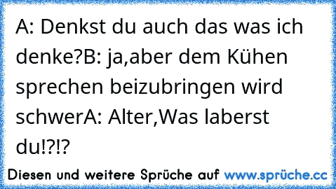 A: Denkst du auch das was ich denke?
B: ja,aber dem Kühen sprechen beizubringen wird schwer
A: Alter,Was laberst du!?!?